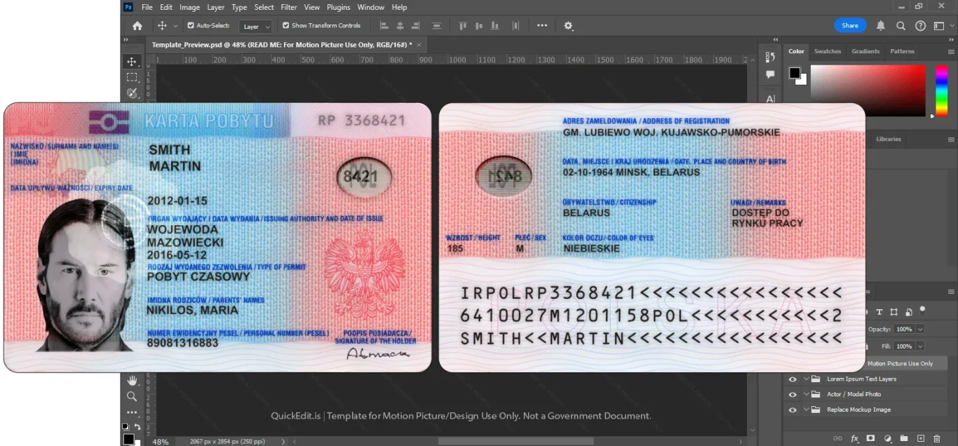 Print-Ready Polska Residence Permit ID Card Psd Template – Press Layout official style layout concept